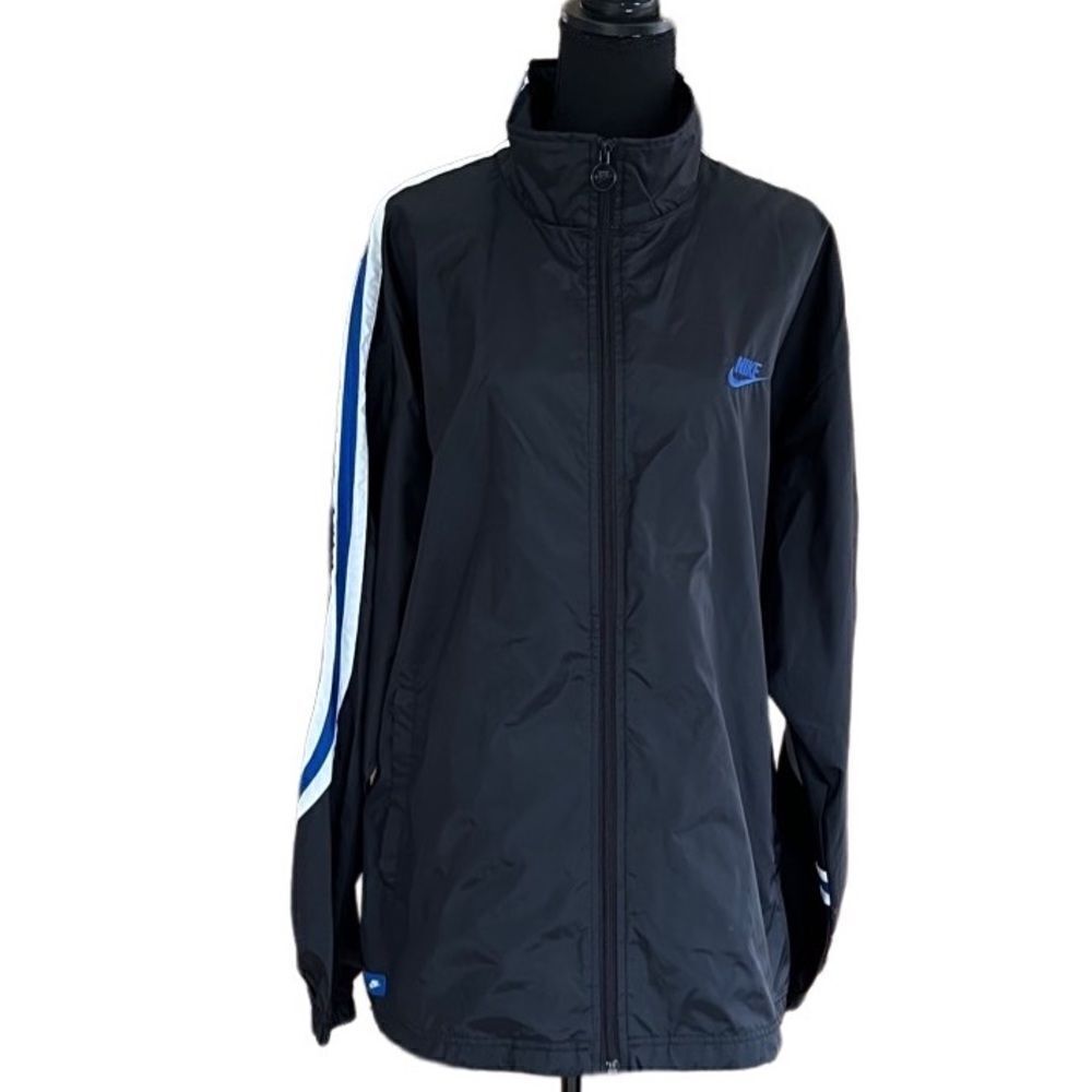 Nike black with blue/white sleeve stripe zip front windbreaker style jacket XL